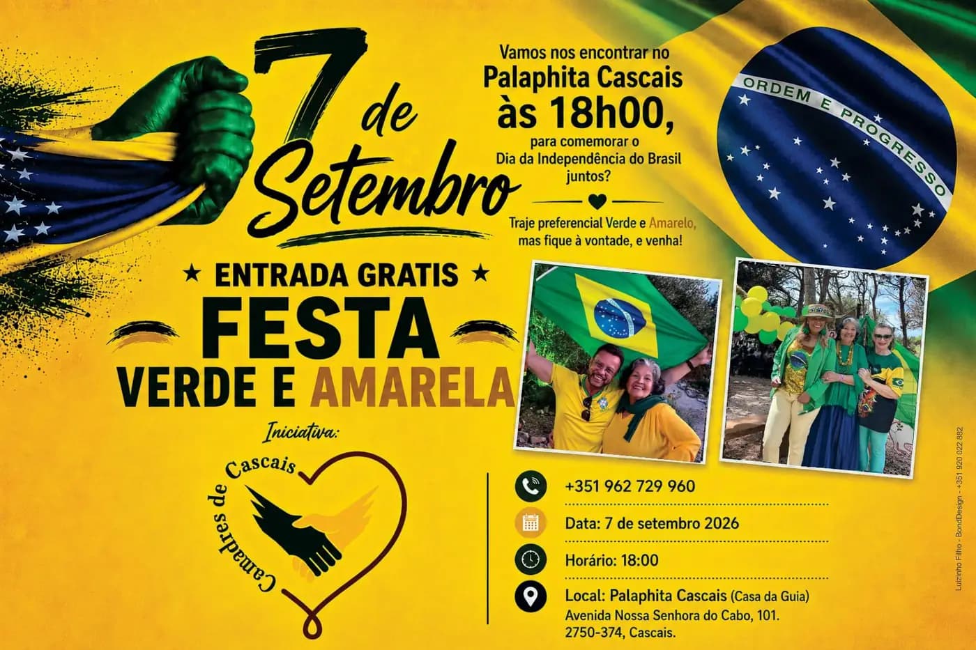 Cartaz da Festa Verde e Amarela de 7 de setembro de 2026, no Palaphita Cascais, às 18h00, com entrada gratuita