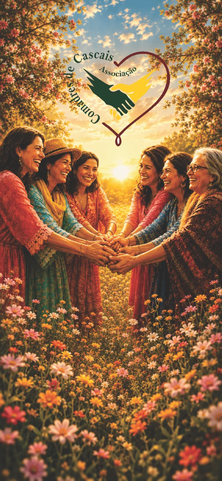 Mulheres da Associação Comadres de Cascais de mãos dadas num campo florido ao pôr do sol, com o logótipo da associação ao centro.